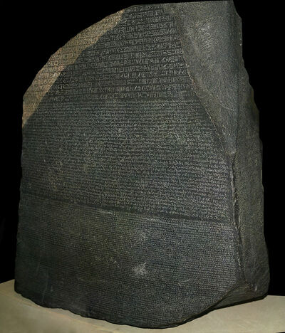 The Rosetta Stone from 196 BC. Many modern techniques for processing languages are similar in spirit to those used for deciphering it.
