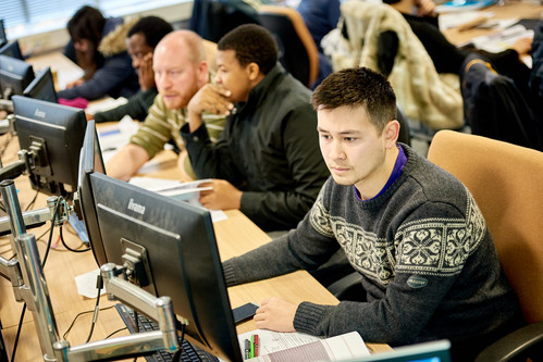 Students working in a computer cluster
