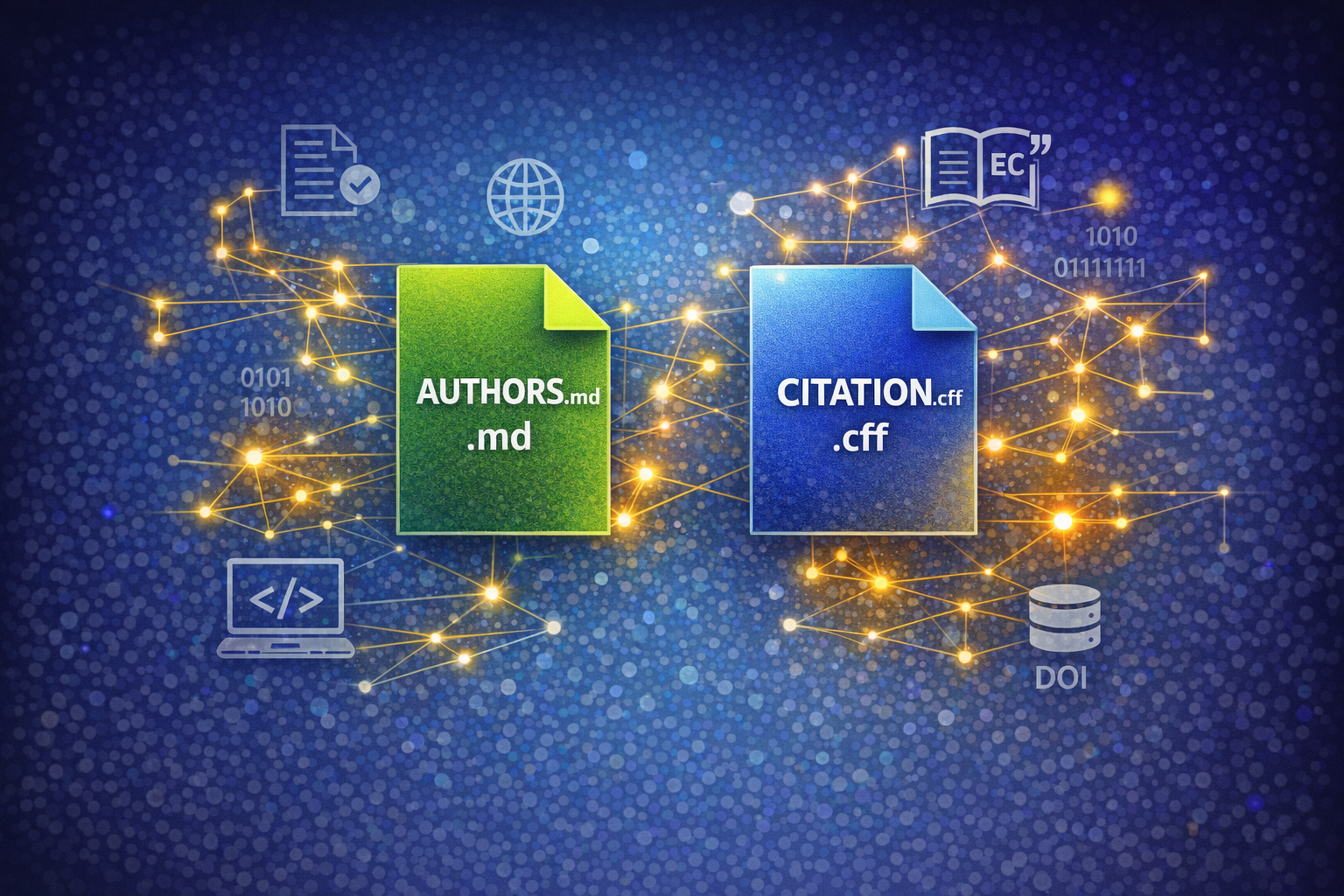 image representing software citation showing CITATION and AUTHORS files surrounded by networks