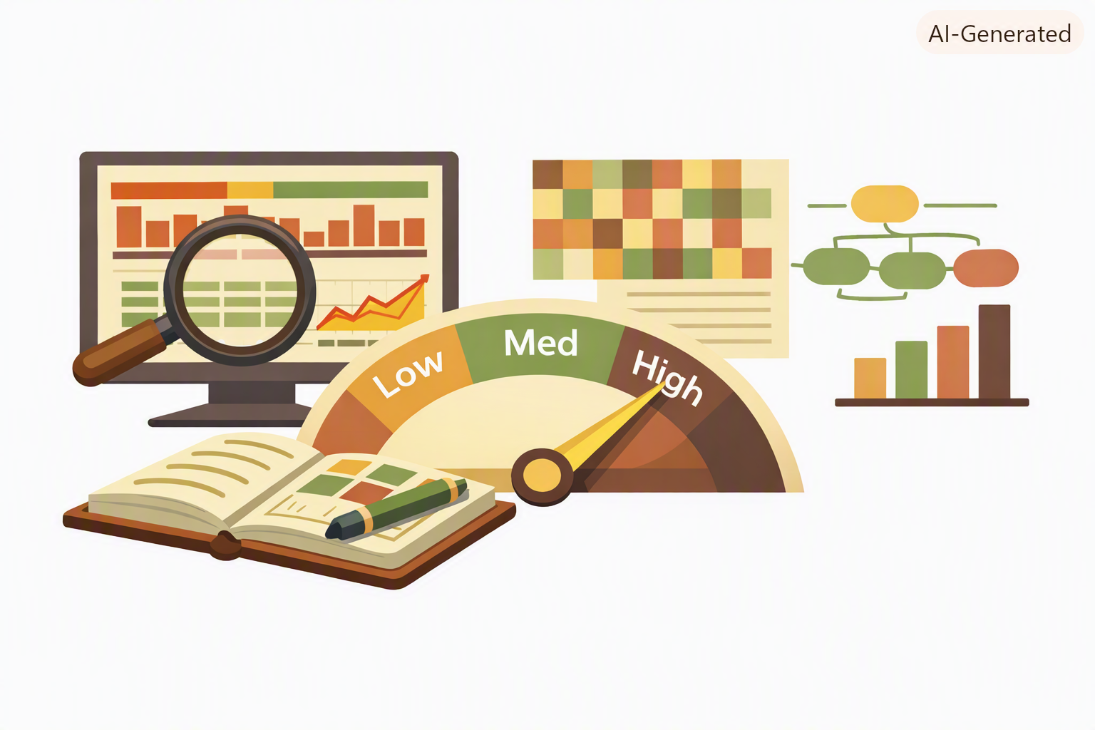 magnifying glass on screen, dial, book, plots