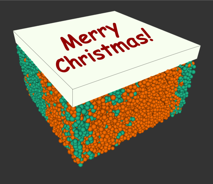 This shows a snapshot of a simulation of dental plaque after 50 days of pulsing sugar into the system. The upper white 'slab' represents the tooth surface (the RGB values match those for tooth enamel), and the balls below correspond to bacterial aggregates, consisting of two types - 'good' bacteria (that do not produce much acid) in green, and 'bad' bacteria (that can produce sufficient acids to cause tooth decay) in red. This example corresponds to a borderline case in which the frequency of sugar in the diet lies right at the 'tipping point' between healthy (all green) and unhealthy (all red) plaque.