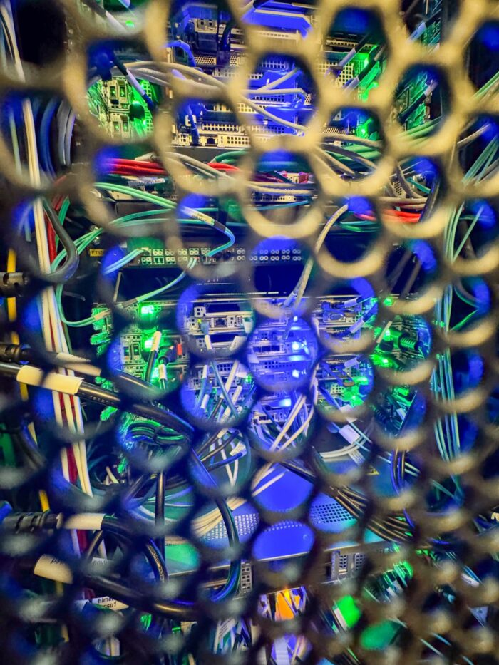 View of Aire HPC cluster showing cables and status lights.